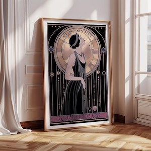 Affiche Art Déco vintage représentant une déesse céleste, style glamour vintage, imprimé noir et or, style années jazz, idée cadeau pour une pendaison de crémaillère