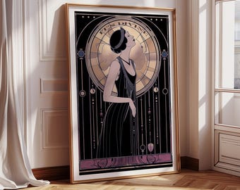 Vintage Art Deco Statement Wall Print Woman Celestial Goddess Vintage Glam Decor Black Gold Print Jazz Age Poster Housewarming Gift Idea