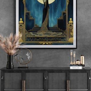 Large Art Deco Wall Art Illustration Vintage Art Print Blue Gold Print Woman Portrait Illustration Elegant Bedroom Hanging Luxury Home Gift image 17