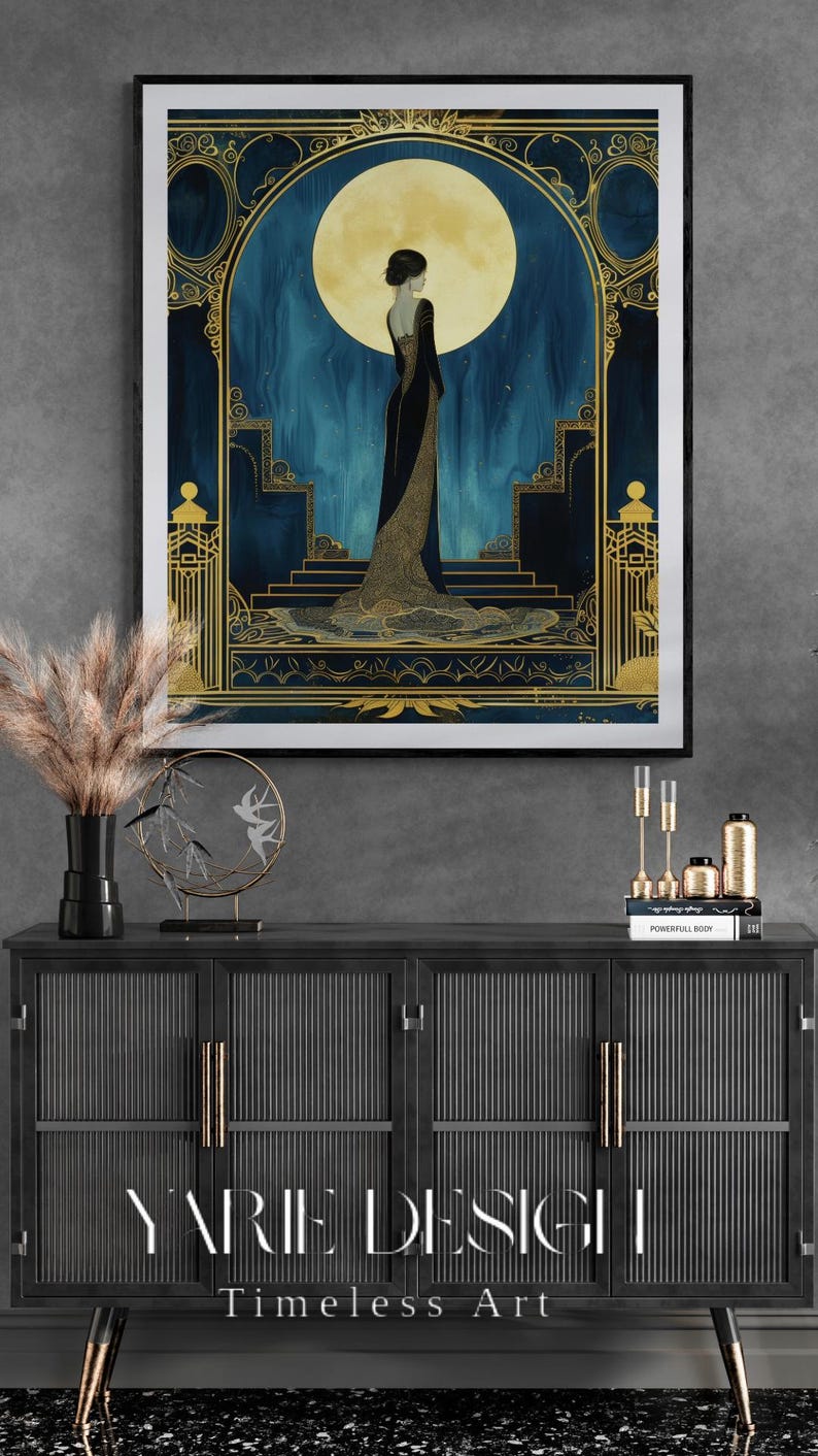 Large Art Deco Wall Art Illustration Vintage Art Print Blue Gold Print Woman Portrait Illustration Elegant Bedroom Hanging Luxury Home Gift image 17