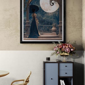 Dreamy celestial wall art depicting a graceful Victorian-inspired woman viewed from behind in a dark blue embellished dress with cream satin draping, framed by an elaborate decorative arch with swirling floral carvings against a luminous moonlit sky.
 
Surreal fantasy artwork showing a sophisticated feminine figure beneath an antique ornamental arch, illuminated by a giant radiant full moon, with deep sapphire tones, delicate garden plants, elegant stone architecture, and a mystical twilight