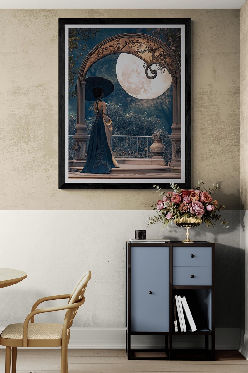 Dreamy celestial wall art depicting a graceful Victorian-inspired woman viewed from behind in a dark blue embellished dress with cream satin draping, framed by an elaborate decorative arch with swirling floral carvings against a luminous moonlit sky.
 
Surreal fantasy artwork showing a sophisticated feminine figure beneath an antique ornamental arch, illuminated by a giant radiant full moon, with deep sapphire tones, delicate garden plants, elegant stone architecture, and a mystical twilight