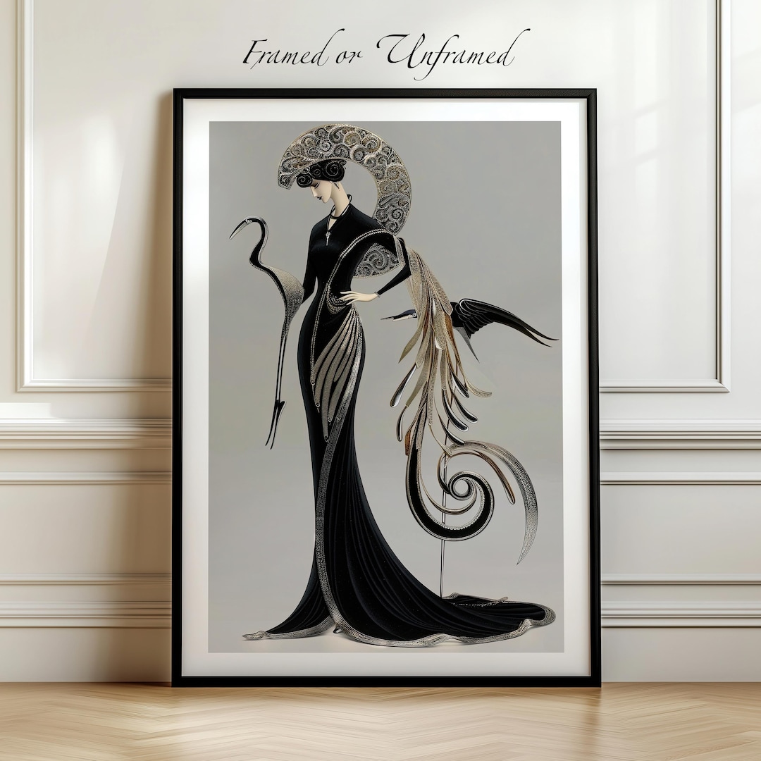 Art Deco Vintage Artwork Woman Display Black Dress Silver Bird Wall ...