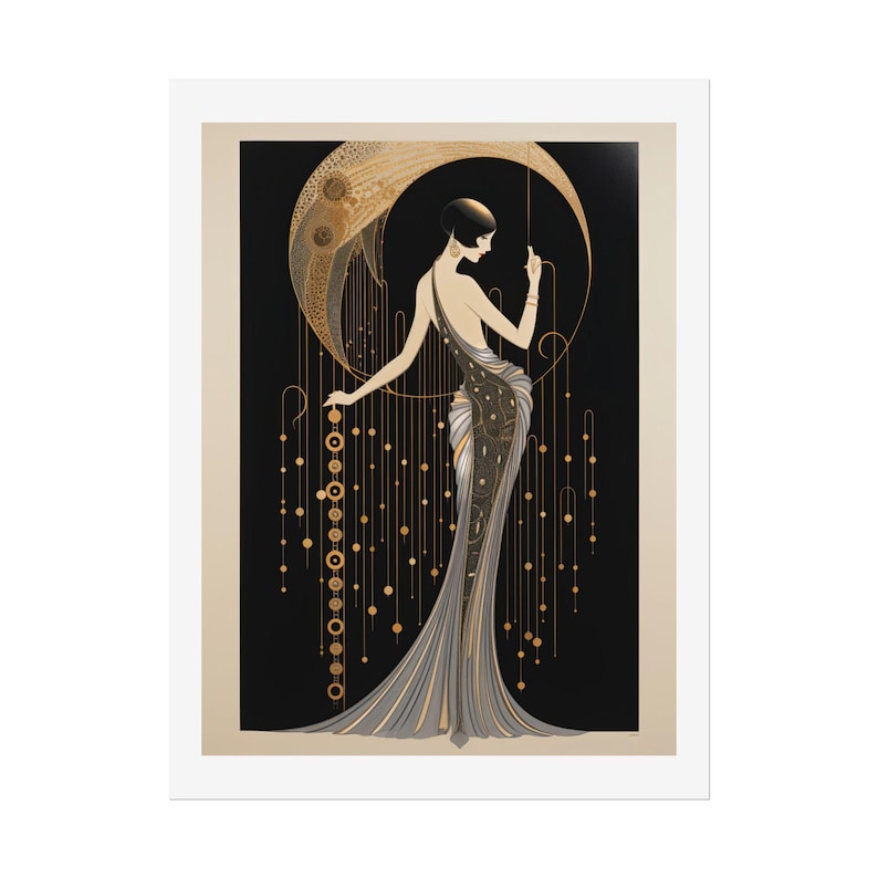 Elegant Art Deco illustration of a poised woman in a beaded gown, standing beneath a golden crescent moon on a black background.