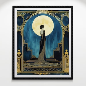 Vintage Art Print Blue Gold Accent Art Deco Illustration Woman Portrait Elegant Figure Black Gown Design Golden Moon Background Luxury Living Room Wall Hanging Large Format Statement Piece Premium Fine Art Paper Sophisticated Bedroom