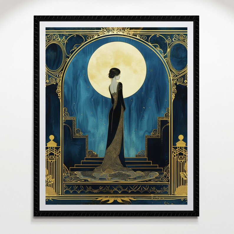Vintage Art Print Blue Gold Accent Art Deco Illustration Woman Portrait Elegant Figure Black Gown Design Golden Moon Background Luxury Living Room Wall Hanging Large Format Statement Piece Premium Fine Art Paper Sophisticated Bedroom