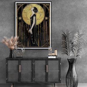 Retro Lady Portrait Elegant Woman Art Black Gold Illustration Vintage Glamour Print Art Deco Wall Art Statement Piece Interior Styling Bedroom Accent Living Room Focal Point Office Wall Design Modern Luxury Hanging Art Timeless