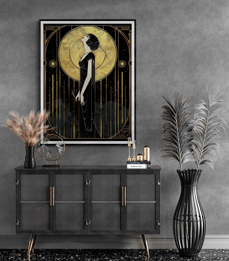 Retro Lady Portrait Elegant Woman Art Black Gold Illustration Vintage Glamour Print Art Deco Wall Art Statement Piece Interior Styling Bedroom Accent Living Room Focal Point Office Wall Design Modern Luxury Hanging Art Timeless