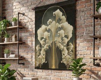 Tapestry Wall Hanging Gold Botanical Vintage Glam Bedroom Statement Living Room Dining Space Interior Design Fan Motif Geometric Ar Deco