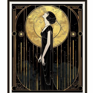 Art Deco Wall Art Vintage Glamour Woman Print Black Gold Illustration Retro Lady Portrait Elegant Bedroom Wall Art Statement Piece Modern Luxury Interior Styling Hanging Art Timeless Design Sophisticated Accent Classic Vintage Style