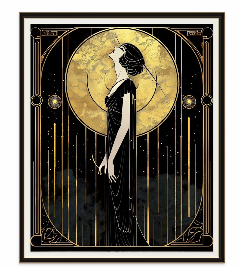 Art Deco Wall Art Vintage Glamour Woman Print Black Gold Illustration Retro Lady Portrait Elegant Bedroom Wall Art Statement Piece Modern Luxury Interior Styling Hanging Art Timeless Design Sophisticated Accent Classic Vintage Style