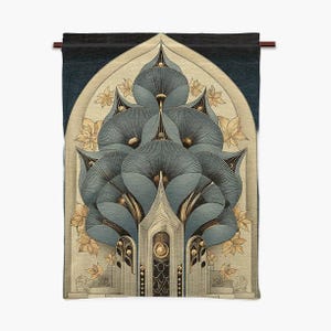 Elegant Art Nouveau inspired textile wall hanging featuring layered leaves and architectural shapes