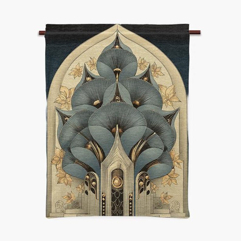 Elegant Art Nouveau inspired textile wall hanging featuring layered leaves and architectural shapes