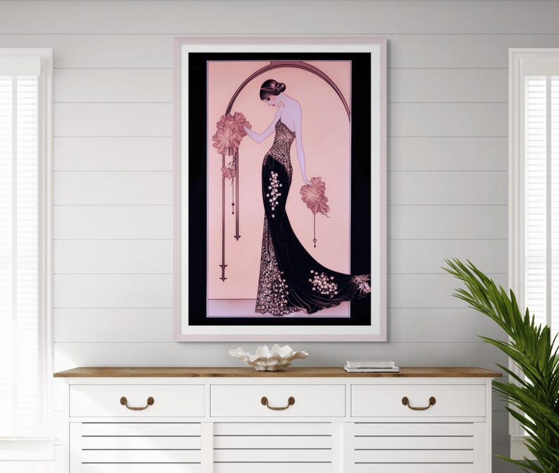 Pink Art Deco Illustration Lady Print Vintage Giclee Wall Art Classic Art Deco Print Home Decor Art Deco Art for 1920s look