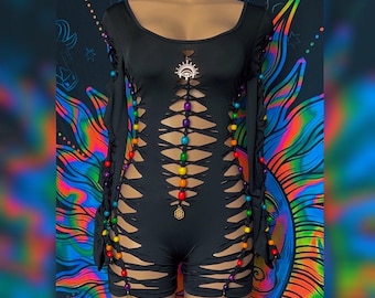 Black slitweave beaded romper. S or M