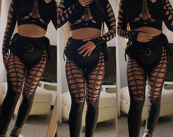 Black slitweave crop top and leggings set
