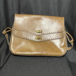Vintage 1970s Guild Creations Brown Leather Crossbody Bag w/ Gold-Tone Hardware