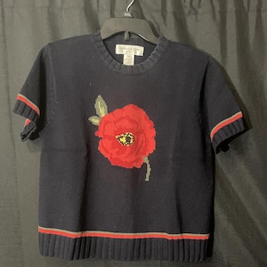 Vintage Jones New York Navy Cotton Knit Poppy Embroidered Top Size Medium