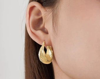 Fulani Textured Golden Hoops | Statement Swirl 18K Gold Plated Huggie Earrings | Basket Shape Gold Hoops | Textured Hammered Hoop Earrings