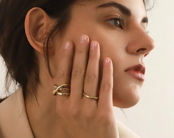 Set of Two Circle Gold Ring | Open Index Finger Ring | Golden Wide & Thin Ring | Adaptable Gold Cross Ring | Minimaliste Criss Cross Ring