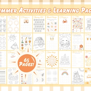 Op de afbeelding: Een printbaar pakket met 65 zomerthema-activiteitenpagina's voor kinderen. De pagina's bevatten een verscheidenheid aan activiteiten, waaronder kleuren, traceren, matchen en tellen. De pagina's zijn ontworpen om kinderen te helpen leren en tegelijkertijd plezier te hebben.