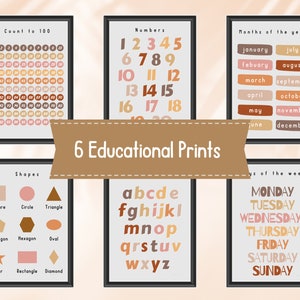 Set of 6 Educational Posters Set For Playroom in boho colours, Classroom Poster, Homeschool Print, Back To School