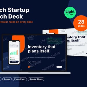 Peut inclure: Un modèle de présentation pour startup technologique comprenant 28 diapositives en modes clair et sombre. L'écran affiche une diapositive intitulée Inventory that plans itself, avec un graphique de smartphone et des icônes de logiciels.