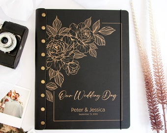 Wooden Photo Album with Flowers Our Wedding Day, Personalized Wedding Gifts for Mr & Mrs, Custom Album for Bridal Shower, Rustic Photo Book