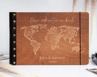 Wooden Photo Album with World Map, Our Adventure Book, Personalized Scrapbook Album, Bridal Shower Gifts for Couple, Christmas Family Gift