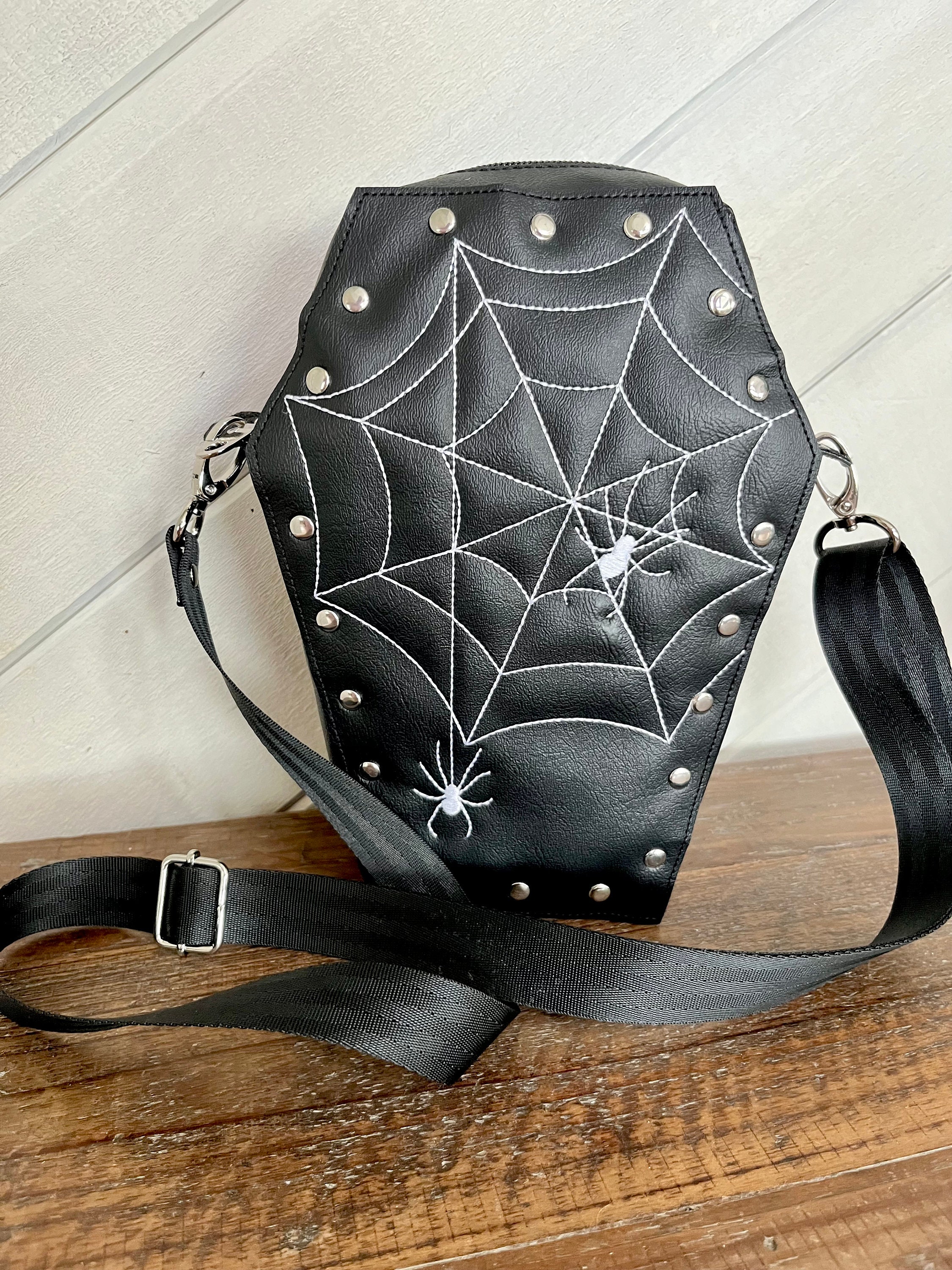 Black Spider Web Coffin Bag - Embroidered Crossbody Purse  display picture 2