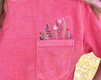 Embroidered Spring Summer Floral Pocket Design T-Shirt - Comfort Colors Watermelon Color Shirt
