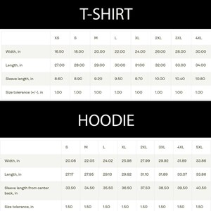 May include: A black and white chart displays T-shirt and hoodie size measurements. The T-shirt section shows width, length, and sleeve length in inches for sizes XS to 4XL. The hoodie section shows width, length, and sleeve length from center back in inches for sizes S to 5XL.