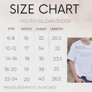 May include: Size chart for Youth Gildan 5000B t-shirts. Sizes XS to XL with measurements in inches for width, chest, and length. Includes a photo of a child wearing a white t-shirt with measurement labels.