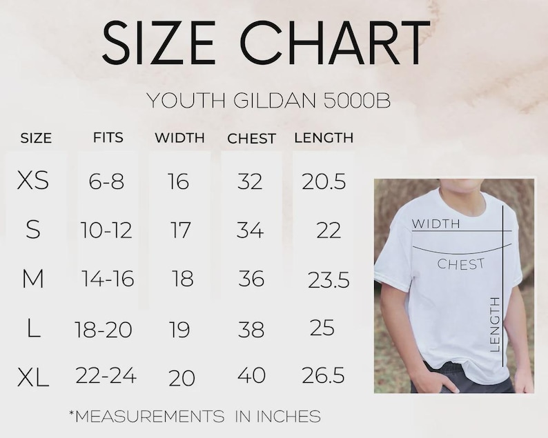 May include: Size chart for Youth Gildan 5000B t-shirts. Sizes XS to XL with measurements in inches for width, chest, and length. Includes a photo of a child wearing a white t-shirt with measurement labels.
