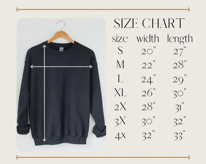 May include: A black sweatshirt hangs on a wooden hanger. The image includes a size chart with measurements in inches: S (20" width, 27" length), M (22" width, 28" length), L (24" width, 29" length), XL (26" width, 30" length), 2X (28" width, 31" length), 3X (30" width, 32" length), and 4X (32" width, 33" length).