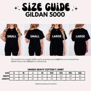 Peut inclure: Guide des tailles pour les t-shirts unisexes en coton lourd Gildan 5000. Le tableau indique les mesures en pouces pour les tailles S &agrave; 5XL, y compris la largeur et la longueur.