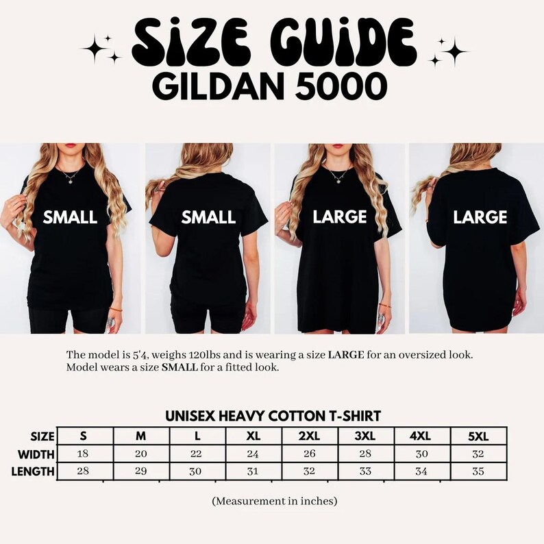 Peut inclure: Guide des tailles pour les t-shirts unisexes en coton lourd Gildan 5000. Le tableau indique les mesures en pouces pour les tailles S &agrave; 5XL, y compris la largeur et la longueur.