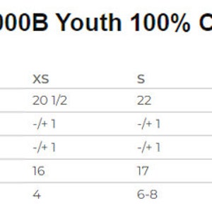 Peut inclure: Tableau des tailles pour t-shirt en coton 100% Gildan 5000B pour jeunes, avec des mesures en pouces pour la longueur du corps, la largeur de la poitrine et les tailles num&eacute;riques. Le tableau comprend les tailles XS, S, M, L et XL.
