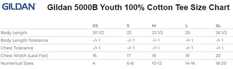 Peut inclure: Tableau des tailles pour t-shirt en coton 100% Gildan 5000B pour jeunes, avec des mesures en pouces pour la longueur du corps, la largeur de la poitrine et les tailles num&eacute;riques. Le tableau comprend les tailles XS, S, M, L et XL.