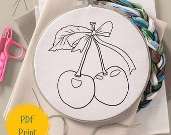 Hand Embroidery PDF Pattern - Cherry and Bow Valentines Love Girls Design - Instant Download
