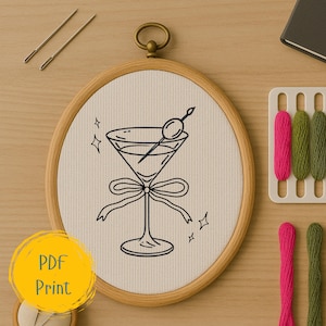 手刺繍 PDF パターン - マティーニ グラス ガールズ ナイト ボウ デザイン - 即時ダウンロード