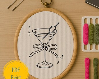 Hand Embroidery PDF Pattern - Martini Glass Girls Night Bow Design - Instant Download