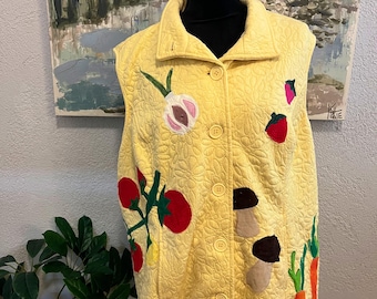 Farmers Market Vest Women’s 3X | Upcycled Vegetable Applique Vest | Handmade Fall Vest | Harvest Garden Clothing | Oversized Fit