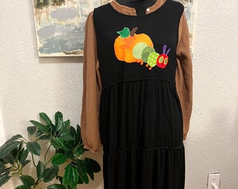 XL Halloween Teacher Dress | Hungry Caterpillar Pumpkin Appliqué | Bookish Teacher Outfit | Halloween Dress