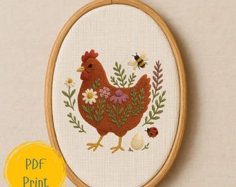 Wildflower Hen Hand Embroidery Pattern – Instant Download with Stitch Guide