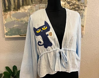 Pete the Cat Shirt Women’s Large | Handmade Appliqué Gauze Top | Pete the Cat Clothing | Whimsical Book Lover Gift
