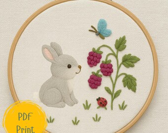 Bunny and Raspberry Embroidery Pattern – PDF Hand Embroidery Design with Wildflowers, Cute Woodland Animal Stitch Template