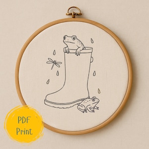 Hand Embroidery PDF Pattern – Rain Boot Frogs & Dragonfly Nature Design – Instant Download