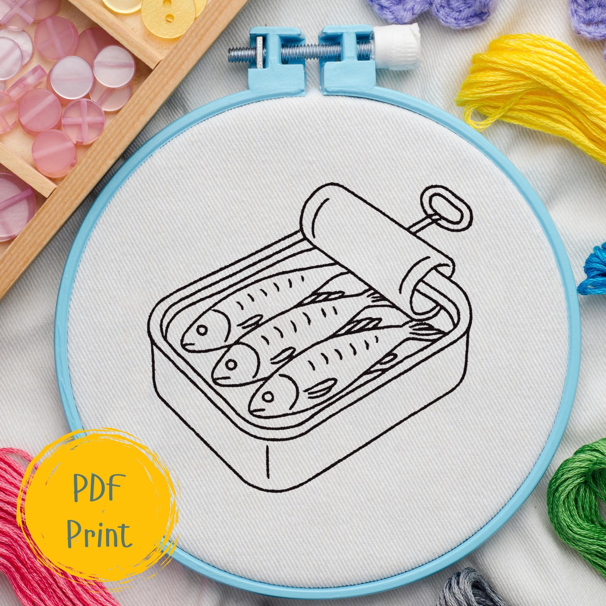 Hand Embroidery PDF Pattern – Sardine Tin Fish Design – Instant Download