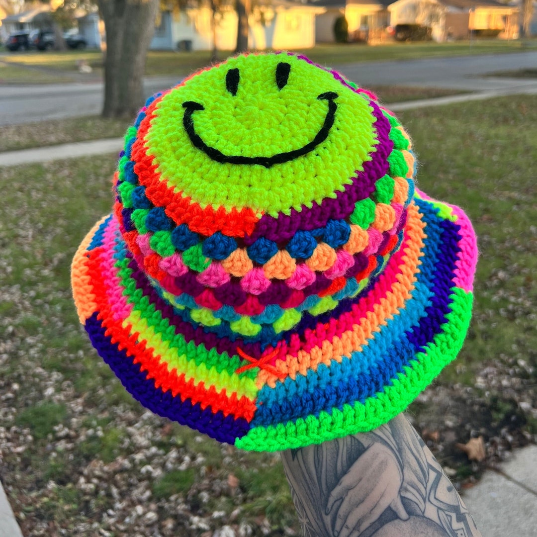 NEON Smiley Random Rainbow Bucket Hat - Etsy